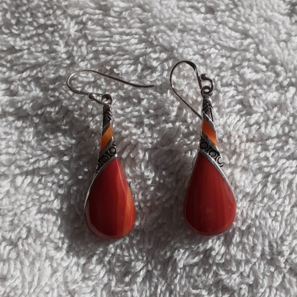 Silver red orange and yellow teardrop earrings. - Picture 1 of 5